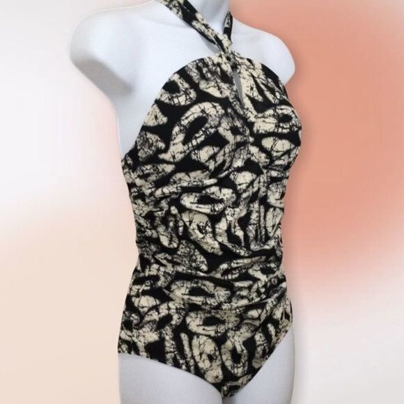 Joe Fresh One Piece Ruched Halter Swimsuit‎ Black and Tan Print S - Picture 2 of 9